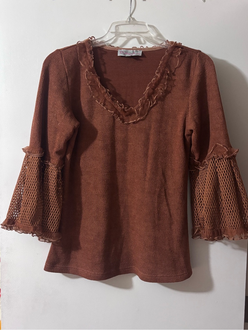 Pretty Angel Brown Linen Blend Top Mesh Bell Sleeve Ruffle V-Neck Large